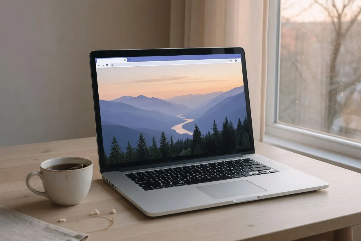 Offenes Notebook am Fenster, im Browser eine Berglandschaft